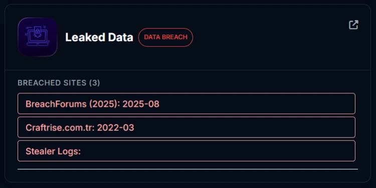 A leaked data panel listing the breached sites an address was found in, with dates.