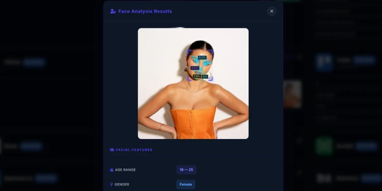 Face analysis results: a landmark wireframe over a photo, with estimated age range and gender below.